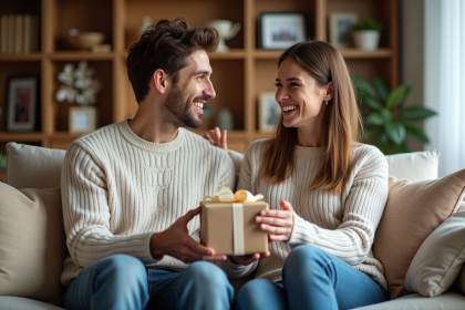 Jeune couple souriant échange un cadeau dans le salon
