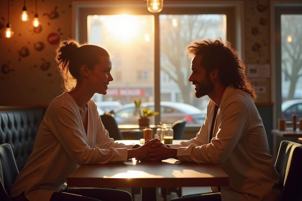 Couple assis au café main dans la main souriant