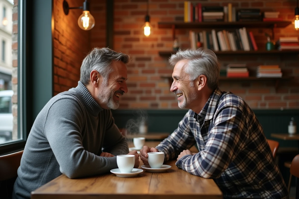 Deux hommes en couple partageant un café dans un bistrot parisien chaleureux, regard complice et atmosphère intime évoquant une longue histoire d'amour