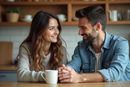 Couple assis à la cuisine en toute intimite