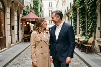 Couple discret se promenant dans une ruelle parisienne, illustrant la vie privée d'Amandine Atalaya et son mari