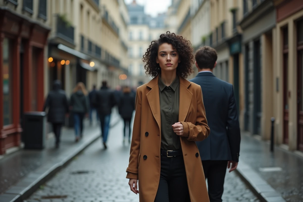 Couple discret marchant dans une rue parisienne, vie privée préservée loin des caméras