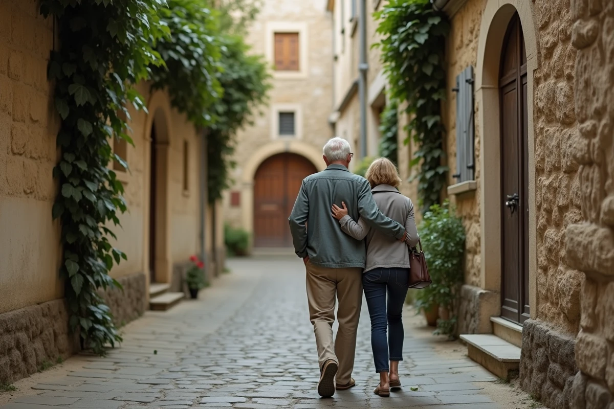 Couple discret se promenant dans une ruelle pavée d'un village français, illustration de la vie conjugale préservée