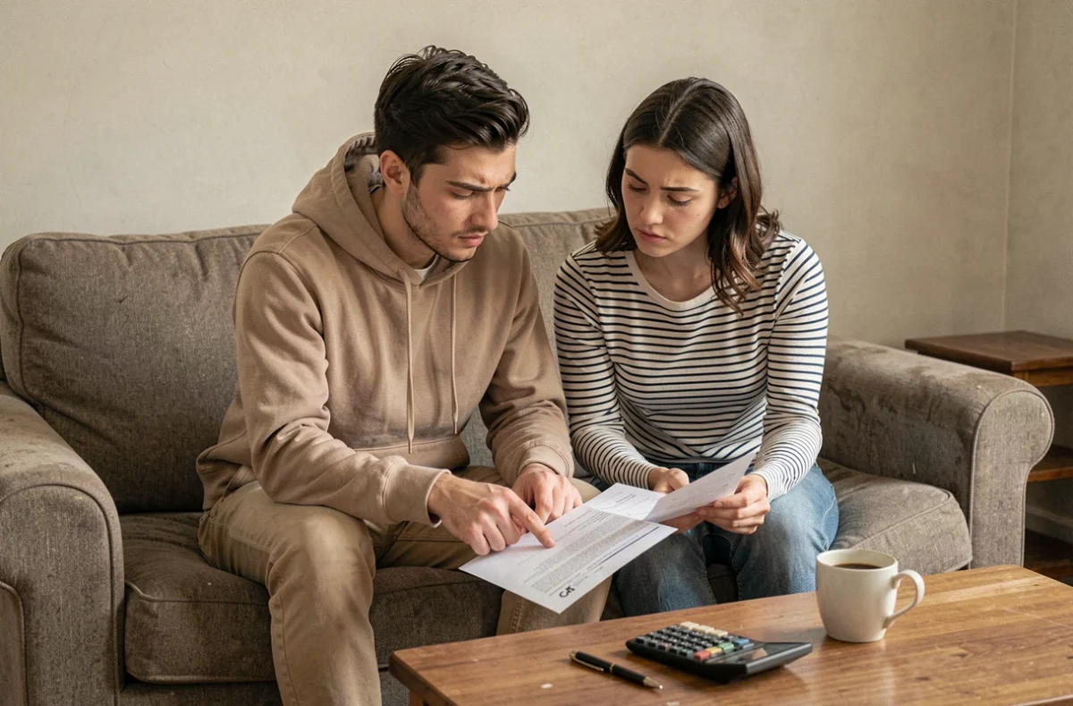 Jeune couple examinant ensemble des documents d'aide financière de la CAF suite à une baisse brutale de revenus