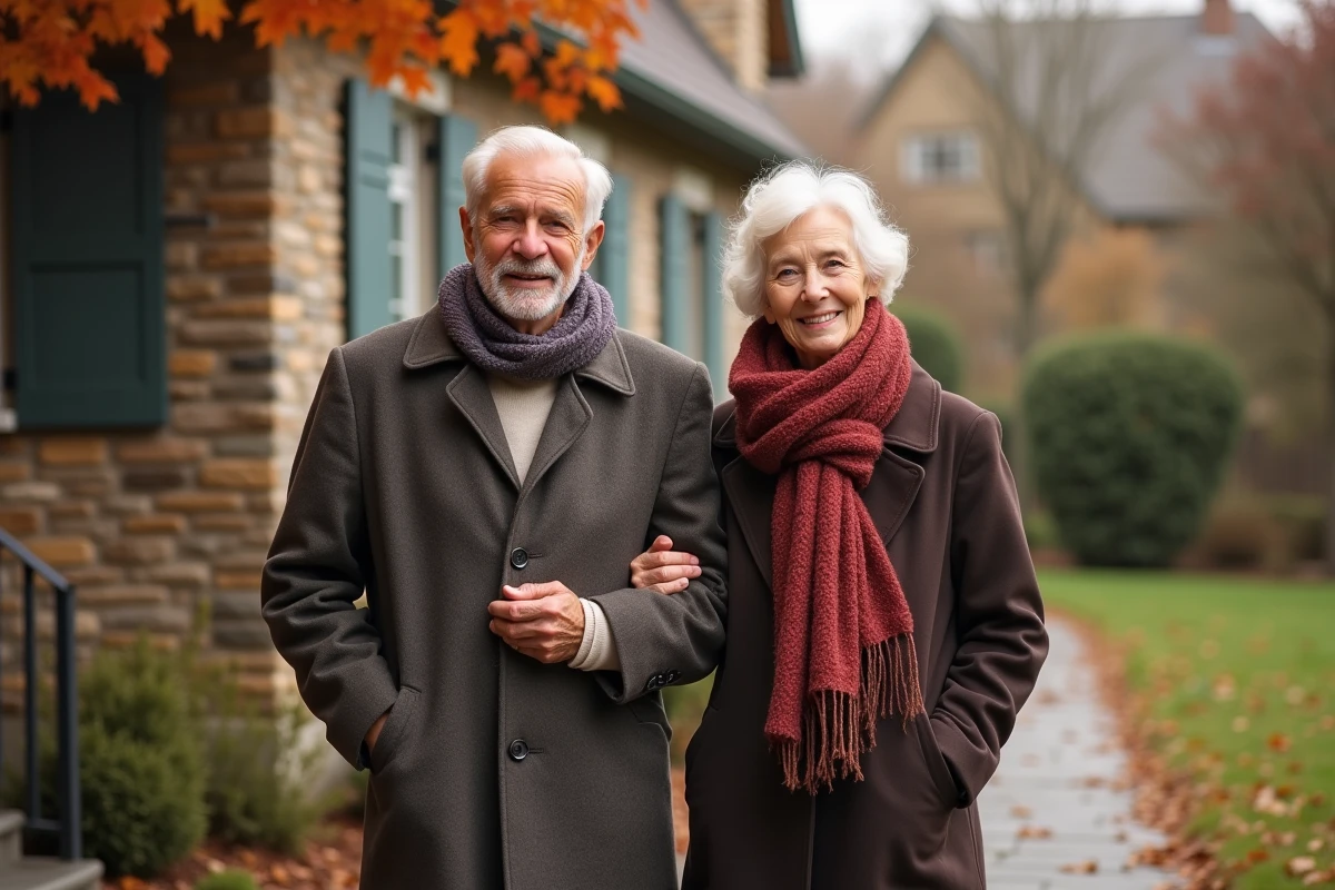 Couple &acirc;g&eacute; souriant devant leur maison de banlieue