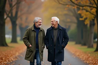 Deux hommes en couple se promenant dans un parc automnal, partageant un moment complice et détendu, illustrant une relation amoureuse durable