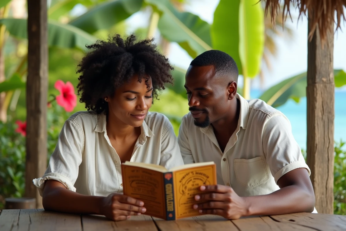 Couple martiniquais consulte ensemble un livre de prénoms antillais sur une véranda entourée de végétation tropicale