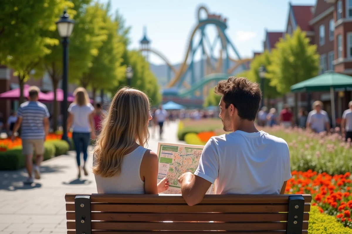 Jeune couple discutant avec plan du parc en extérieur