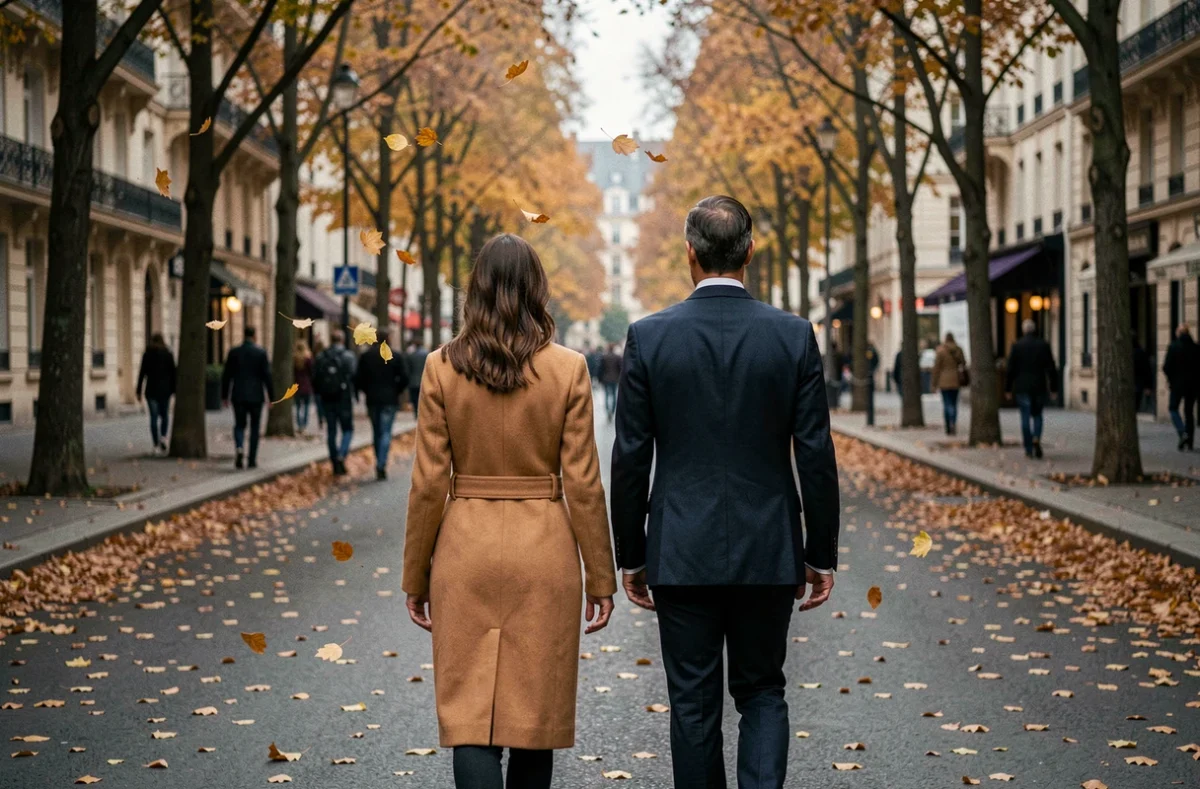 Couple élégant marchant de dos sur un boulevard parisien en automne, évoquant la vie privée et les rumeurs autour de Cyril Féraud et sa femme