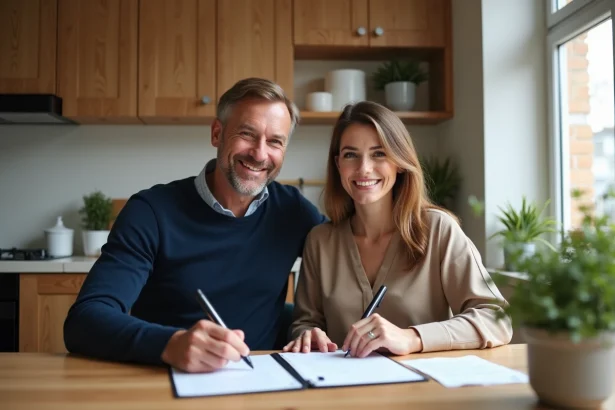 Couple souriant signant un document à la maison