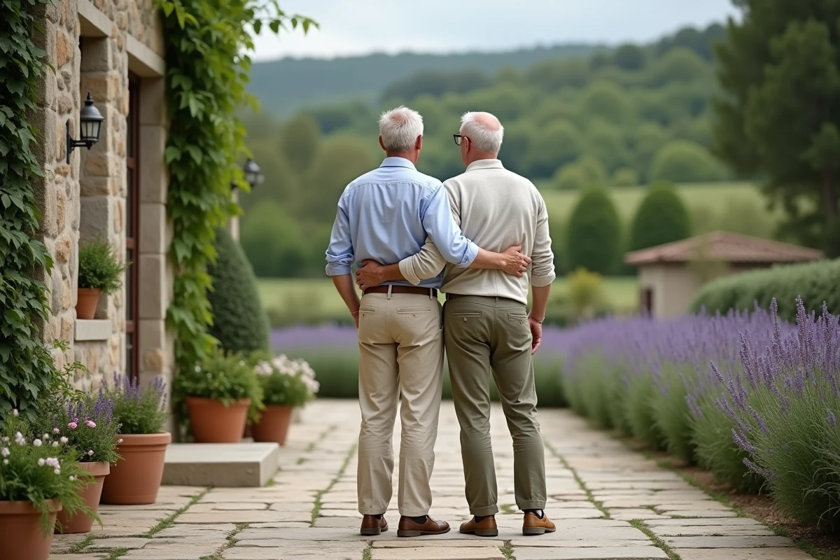 Deux hommes en couple sur la terrasse d'une maison de campagne entourée d'un jardin fleuri, posture détendue et complice illustrant une relation amoureuse épanouie