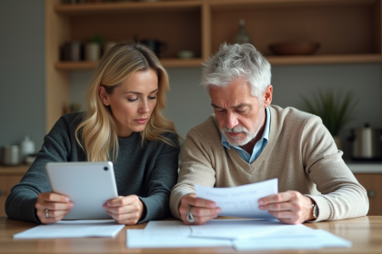 Couple d'adultes réfléchissant sur des documents dans une cuisine moderne