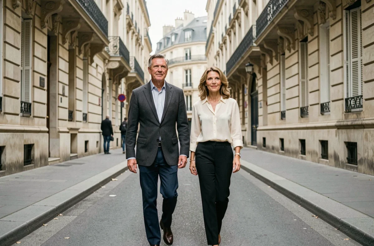 Couple élégant marchant dans une rue parisienne, illustrant la vie conjugale discrète d'une personnalité publique