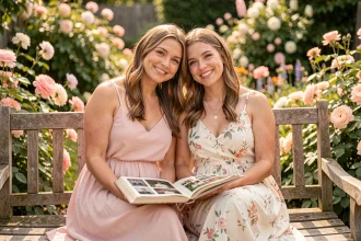Deux cousines feuilletant un album photo souvenir dans un jardin fleuri en été