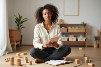 Jeune femme enceinte calculant le coût des jouets Montessori pour son bébé dans un salon minimaliste