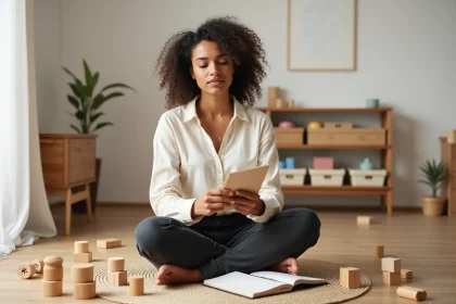 Jeune femme enceinte calculant le coût des jouets Montessori pour son bébé dans un salon minimaliste