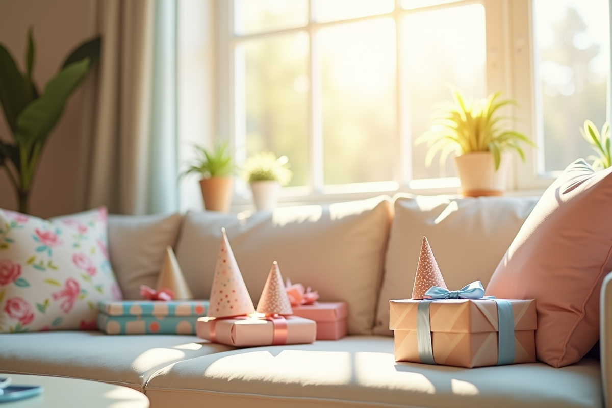 Salon lumineux avec décorations et cadeaux pour anniversaire