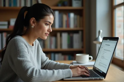 Femme effectuant une demande d'acte de naissance en ligne depuis son bureau à domicile
