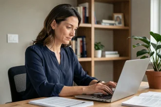 Femme consultant des démarches famille en ligne sur un ordinateur portable dans un bureau à domicile organisé