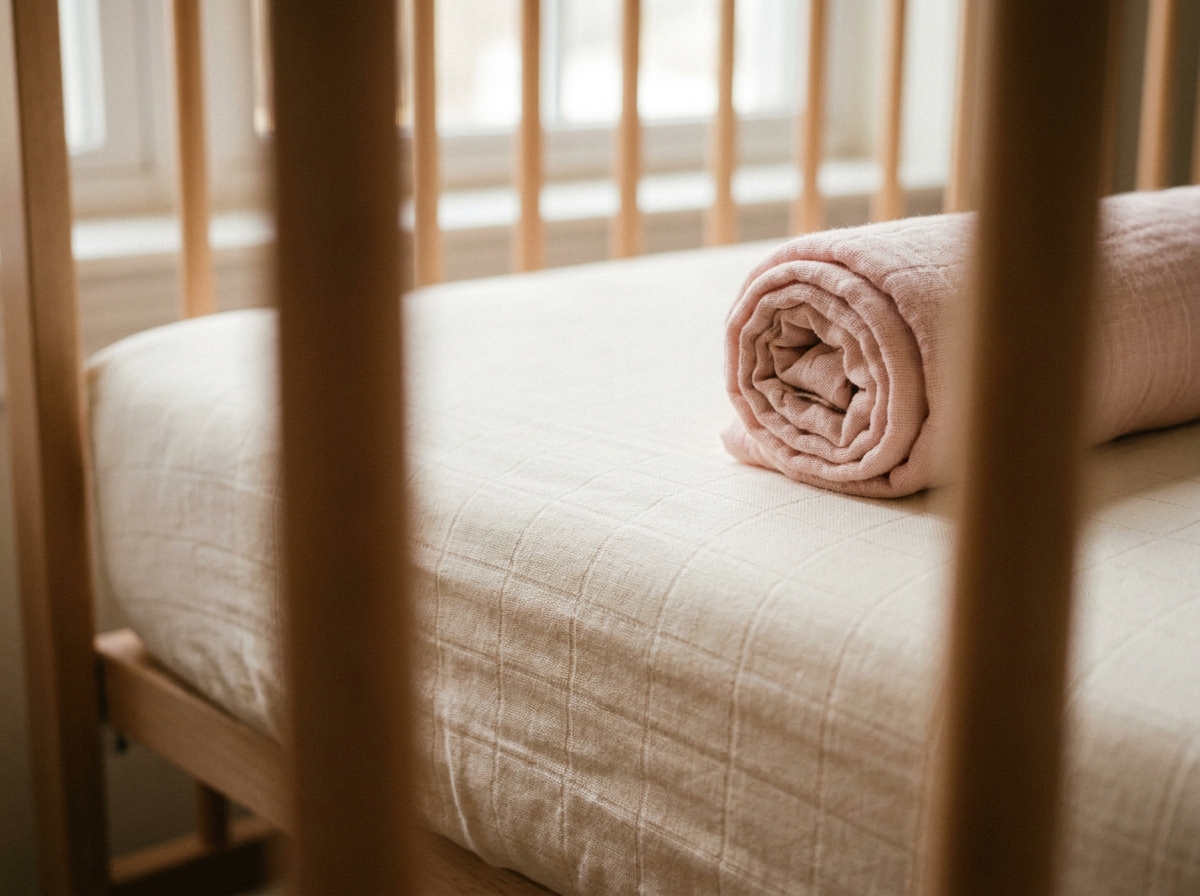 Détail intérieur d'un lit bébé avec matelas et drap coton bio ajusté en ivoire