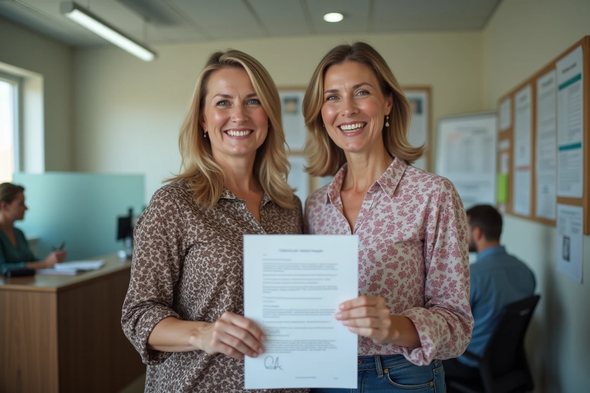 Deux femmes posant avec un document signé à la mairie