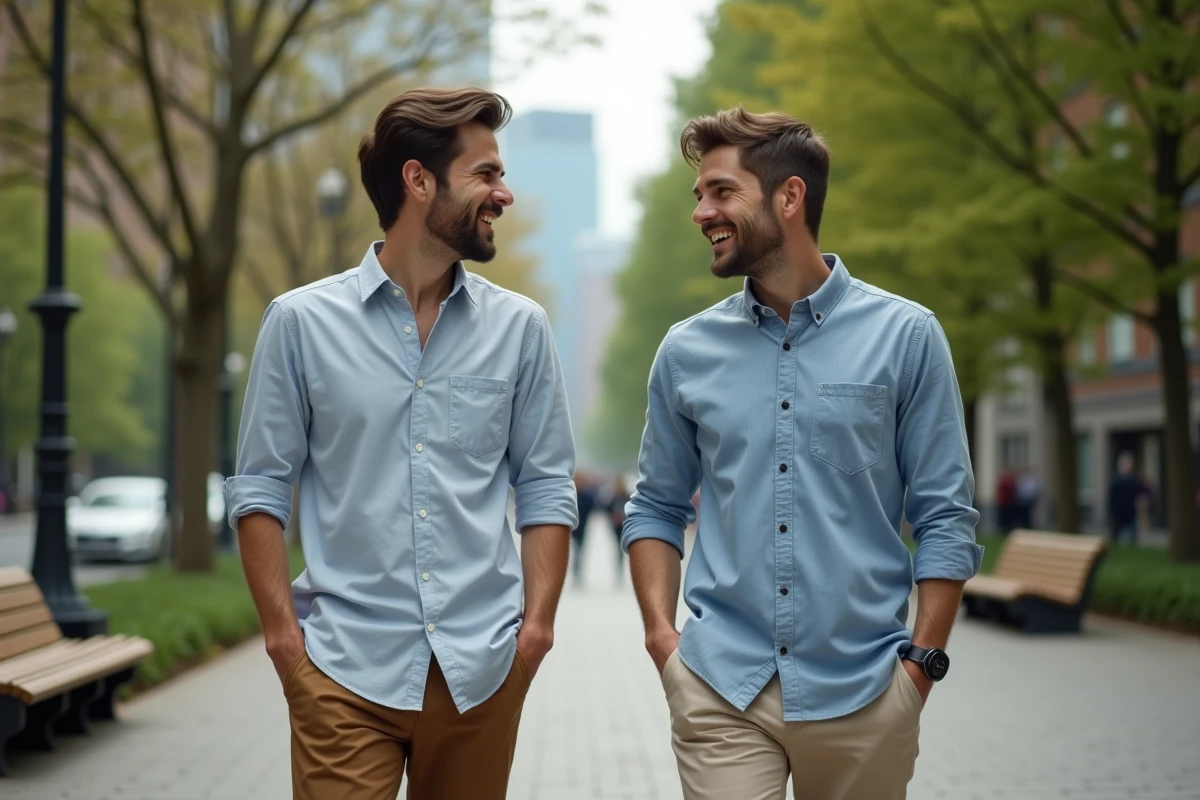 Deux hommes discutant en marchant dans un parc urbain