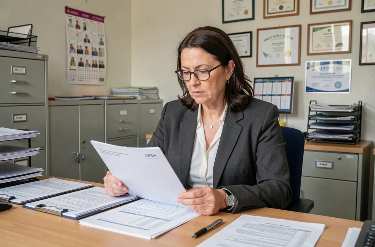 Une directrice d'école examine un dossier de demande d'accompagnement scolaire AESH dans son bureau