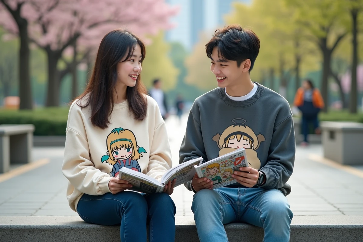 Deux amis discutent de mangas sur des escaliers en plein air dans un parc