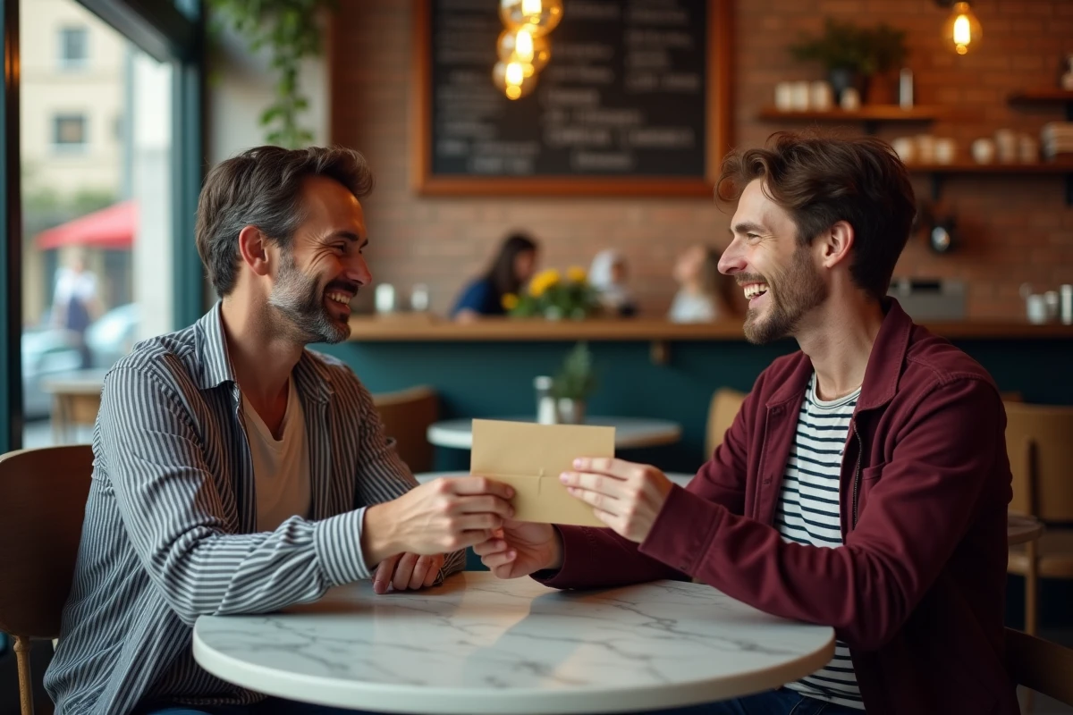 Deux amis dans un café échangeant une enveloppe manuscrite pour un anniversaire 40 ans, dans une ambiance conviviale et authentique