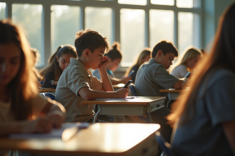Jeune élève seul en classe stressé par ses camarades