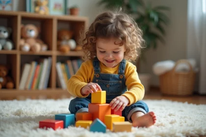 Jeune fille de 4 ans joue avec des blocs en bois color&eacute;s