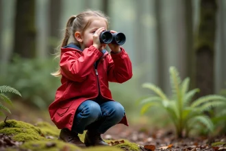 Fille de 8 ans dans la forêt avec jumelles rouge et jeans