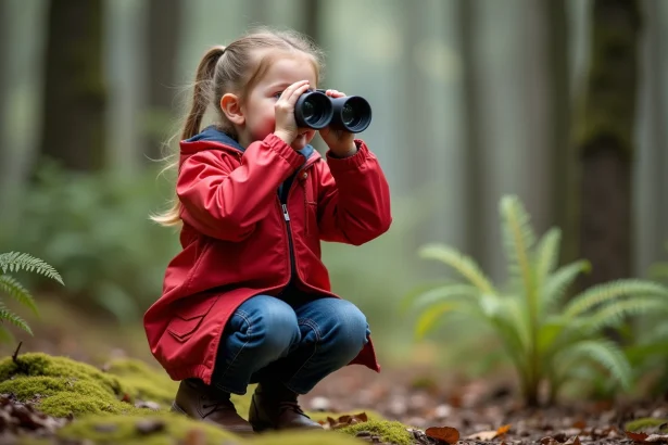 Fille de 8 ans dans la forêt avec jumelles rouge et jeans