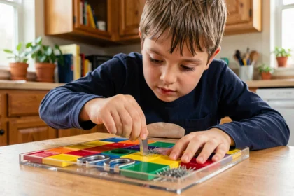 Enfant de 8 ans explorant un jeu éducatif sur le magnétisme avec des aimants et des limailles de fer sur une table en bois