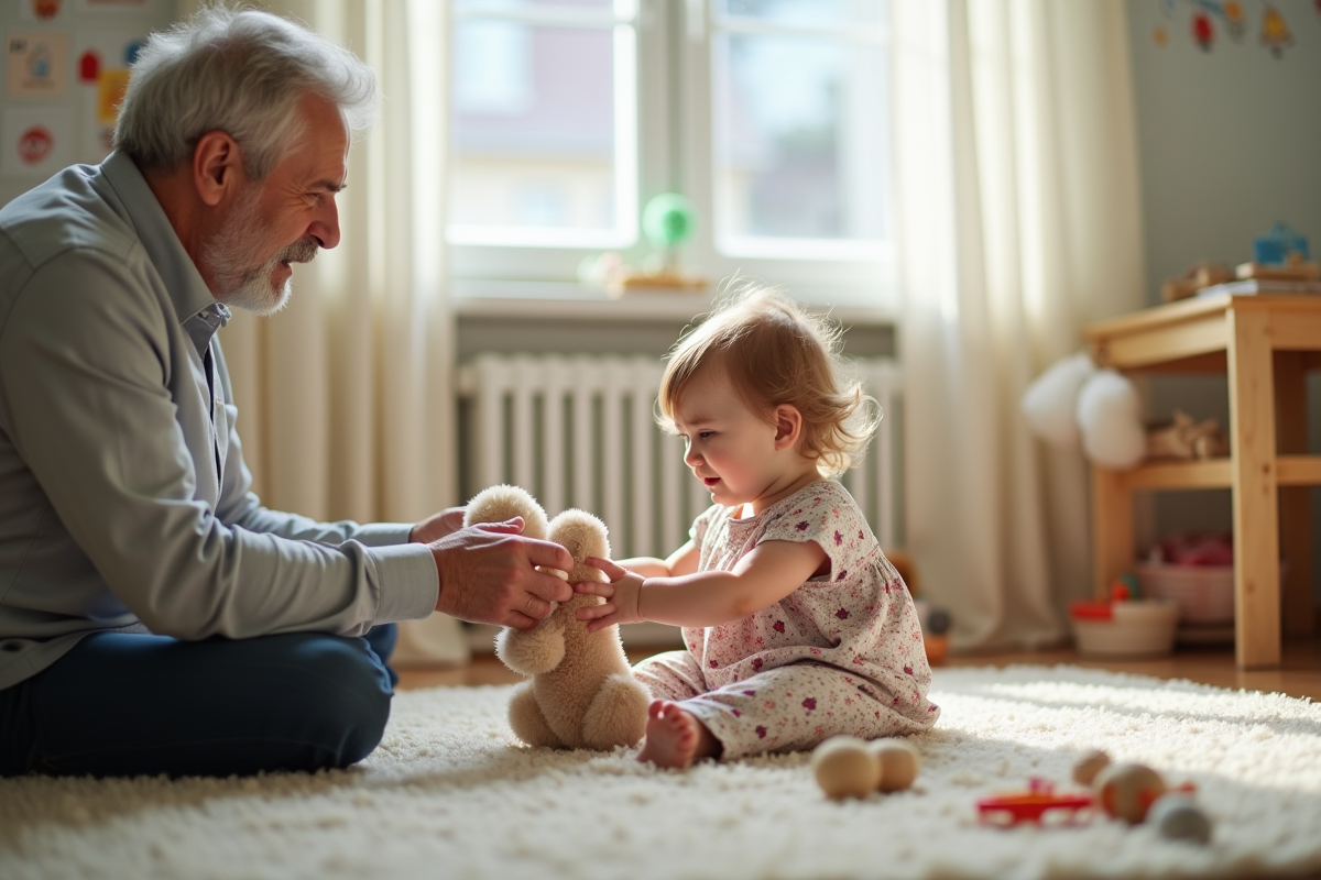 Petite fille jouant avec son grand-pere dans une nurserie lumineuse