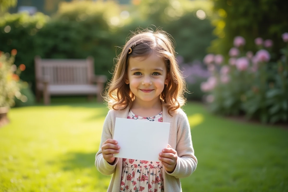 Petite fille tenant une note dans un jardin ensoleille