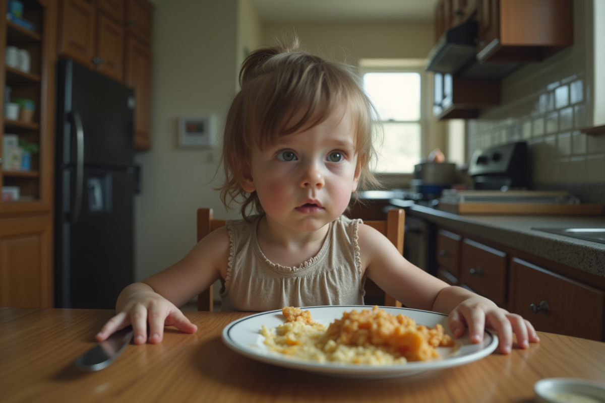 Jeune enfant fatigué assis à la table avec repas à moitié mangé