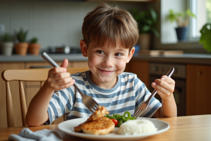 Jeune garçon mangeant un repas équilibré à la maison