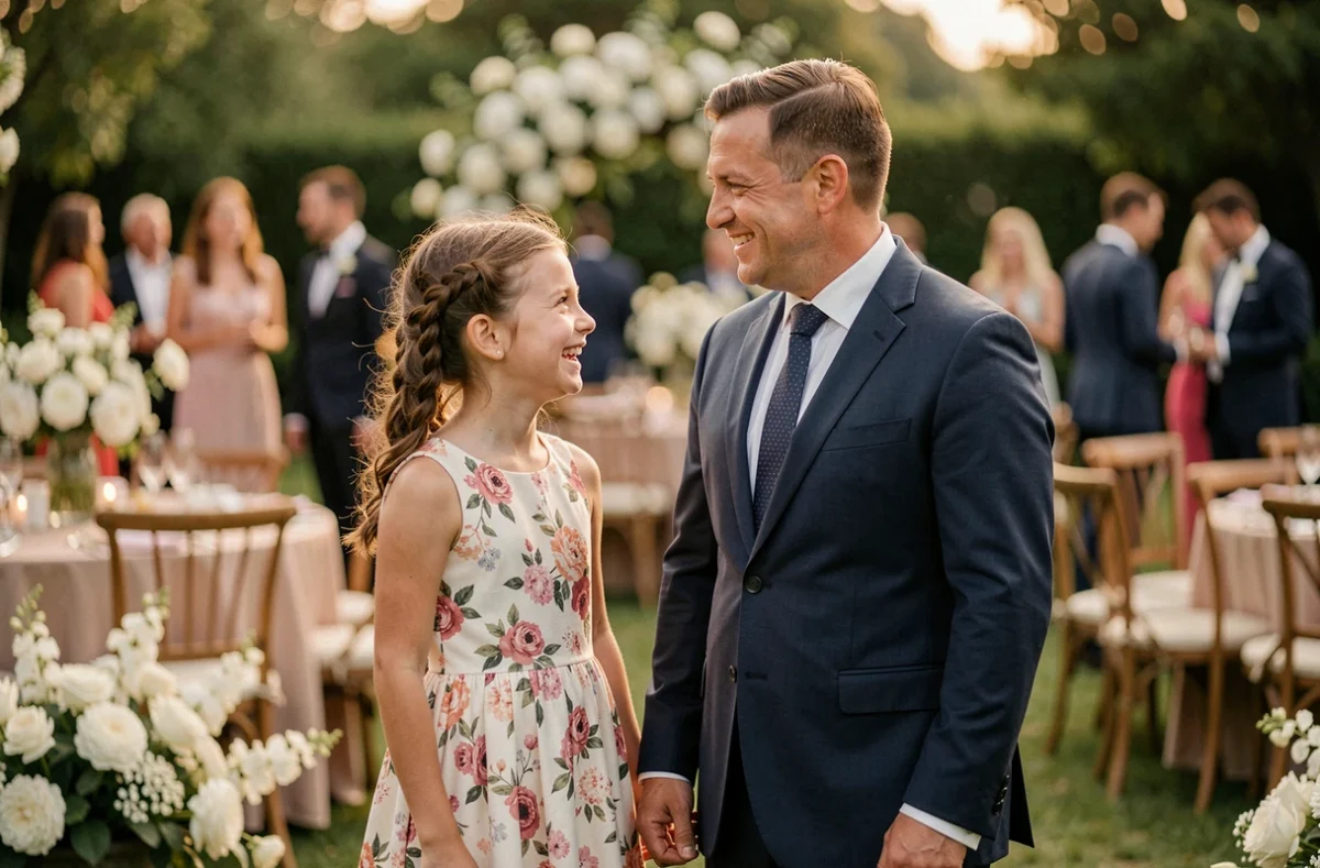 Jeune fille en robe fleurie avec un adulte en costume lors d'une cérémonie de mariage en famille