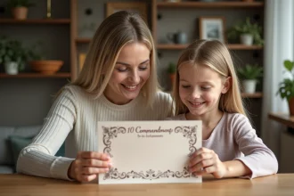 Jeune fille souriante avec sa marraine regardant la carte des dix commandements