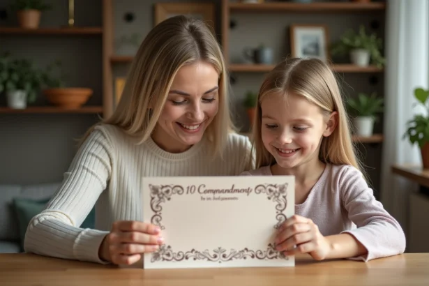 Jeune fille souriante avec sa marraine regardant la carte des dix commandements