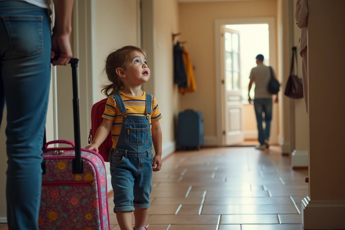 Petite fille en maternelle avec valise et sac à dos prête à partir en voyage avec ses parents