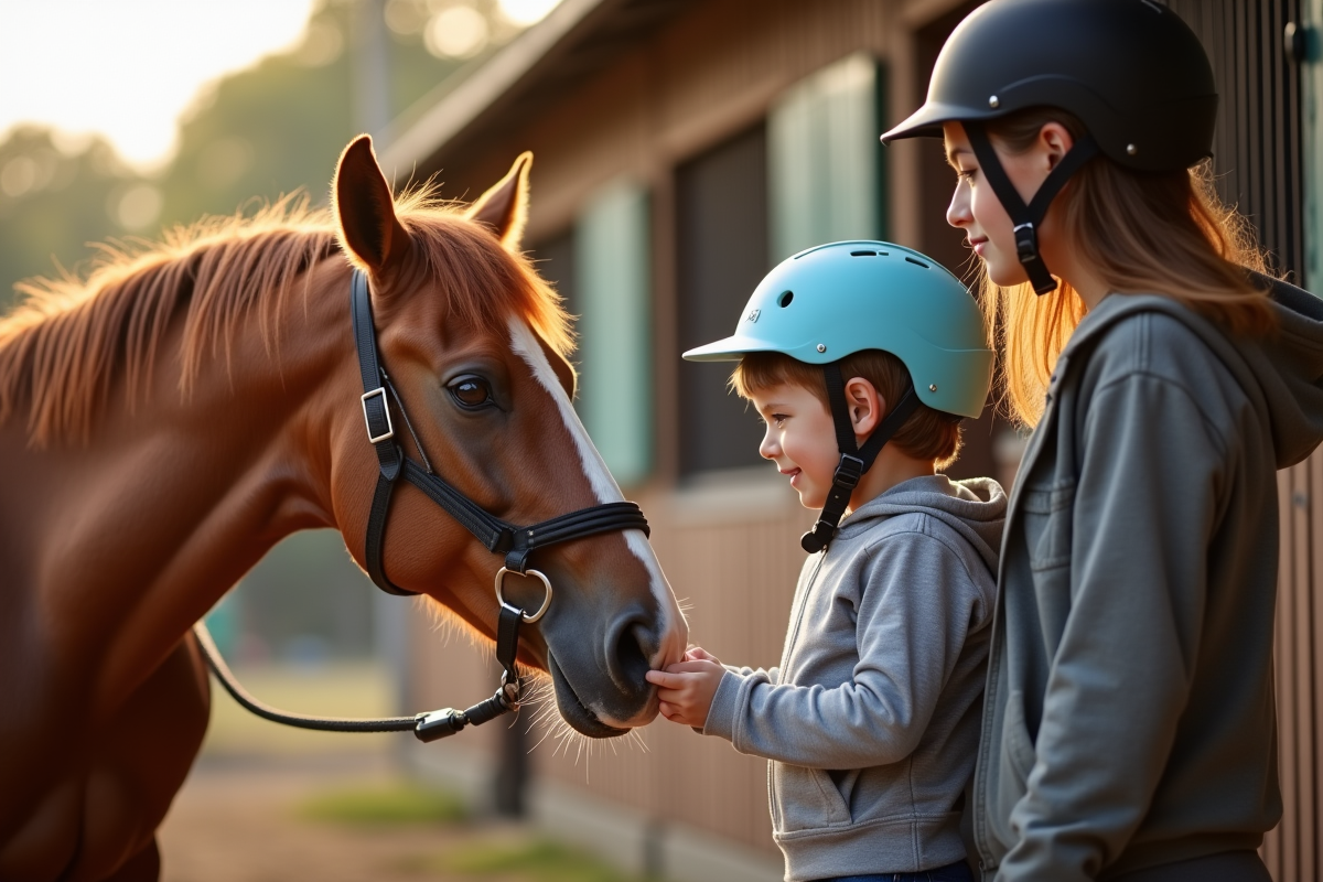 Jeune enfant avec casque caressant un cheval calme