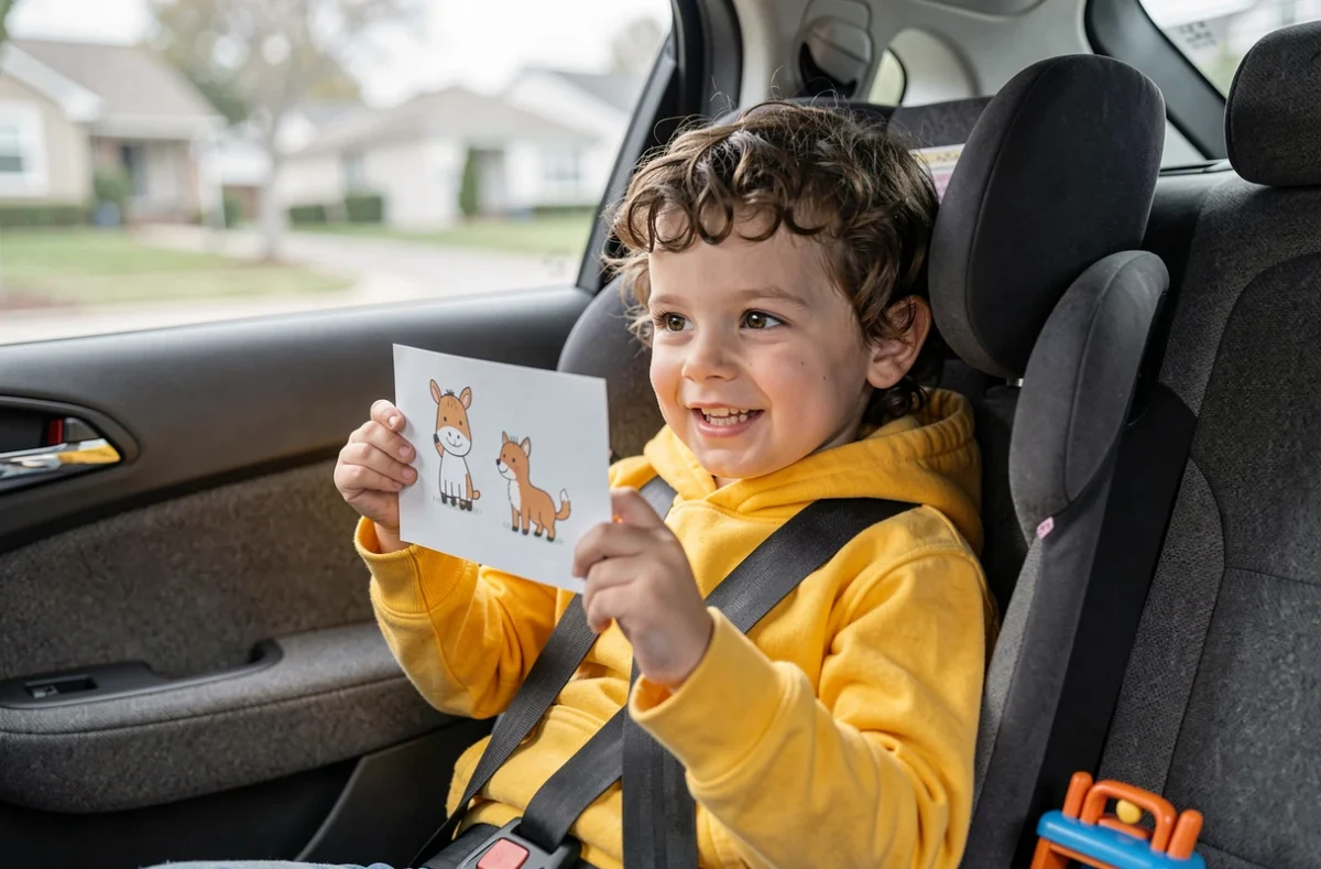 Petit garçon de 4 ans souriant dans son siège auto tenant une carte de devinette illustrée pendant un trajet en voiture
