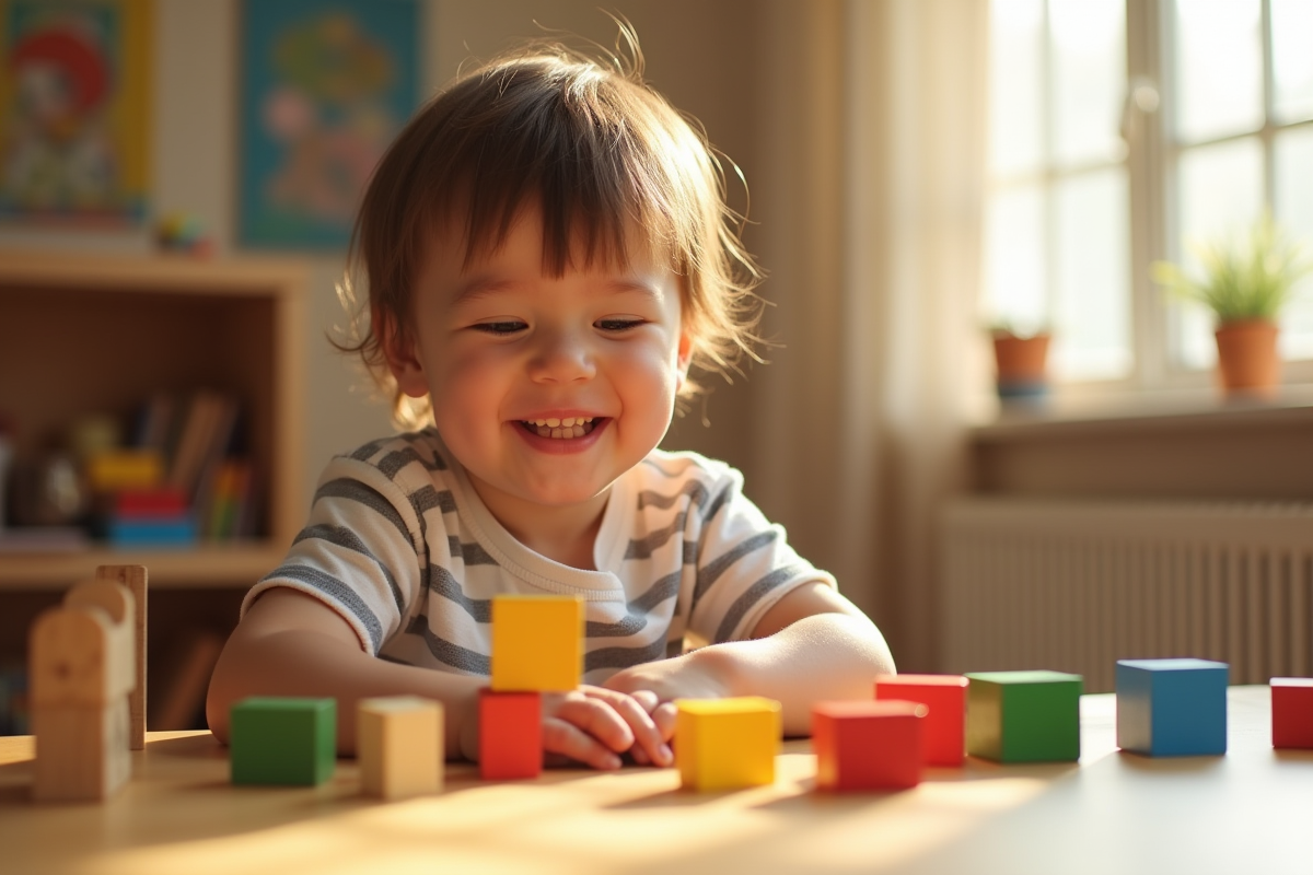 Enfant en Montessori triant des blocs colorés par forme