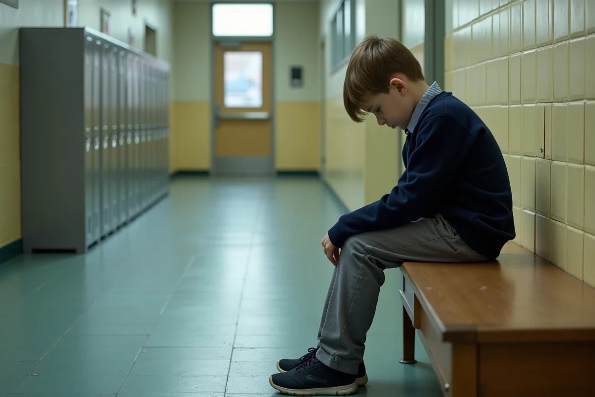 Enfant assis seul dans un couloir scolaire, expression mélancolique évoquant une situation de vulnérabilité