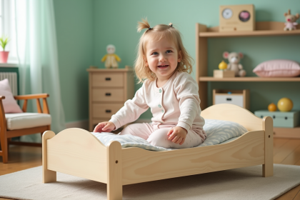 Petite fille souriante dans sa chambre aux murs verts