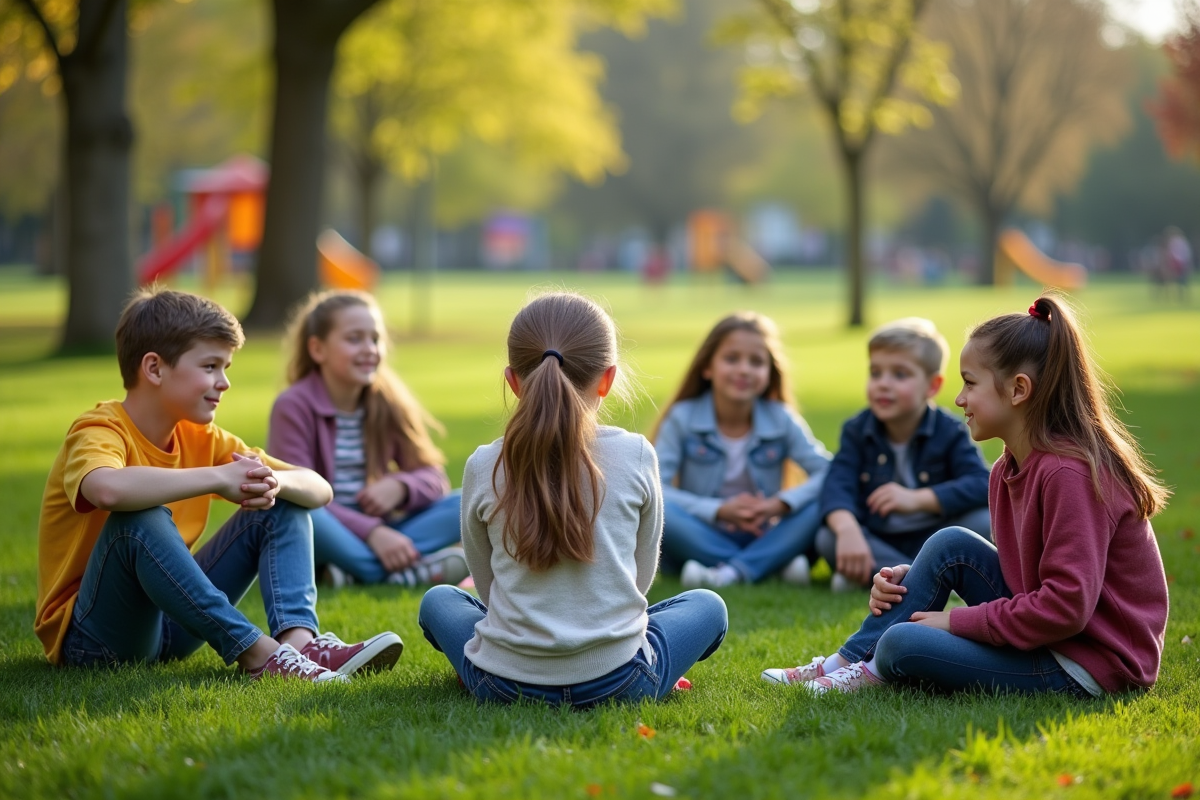 Groupe d enfants assis en cercle dans un parc en plein air