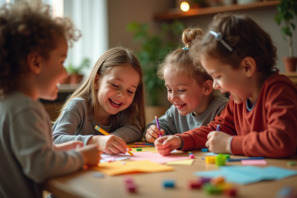 Enfants créant des bricolages dans un salon chaleureux