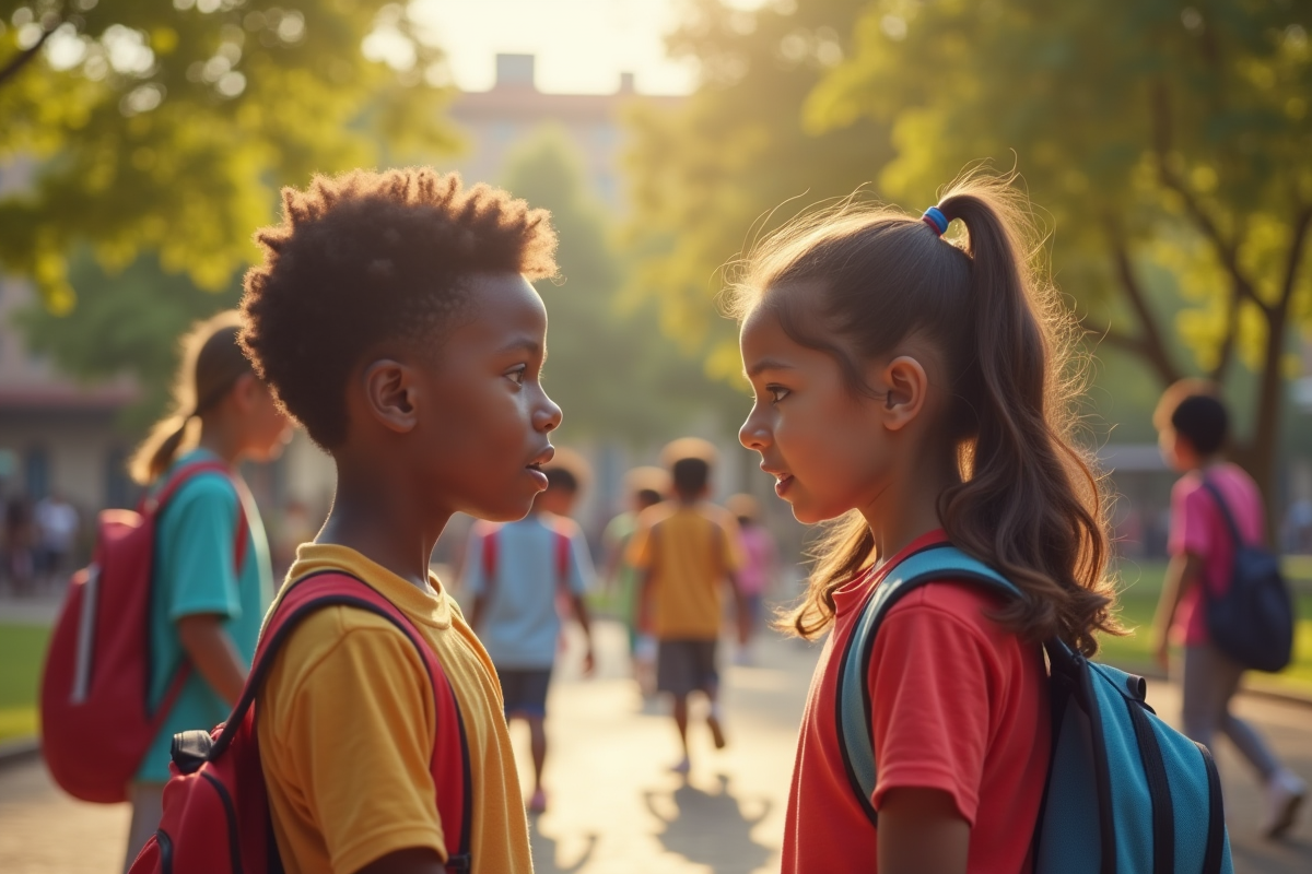 Enfants divers jouant dans la cour avec discussion tendue